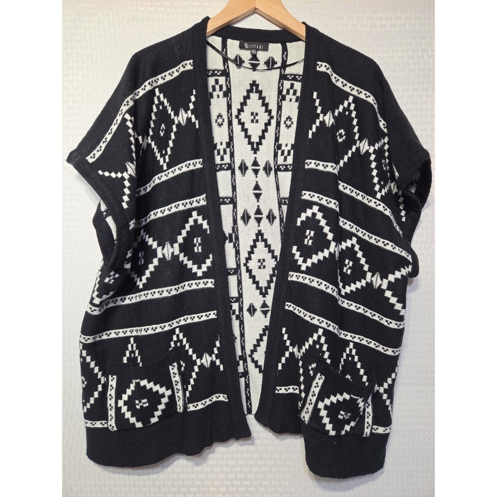 SISTERS Black White Aztec Cardigan M/L Open Front Short Sleeve Knit Sweater Vest
